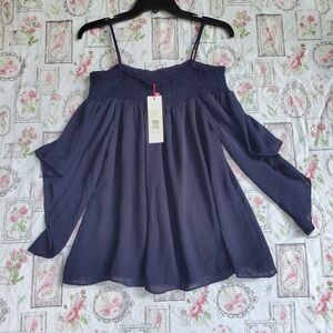 Parker Navy Blue Off-Shoulder Blouse Top Smocked Details‎ Flowy Sleeves Sz S NWT